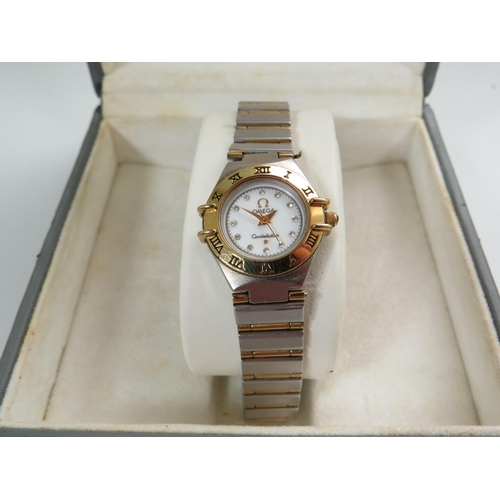 152 - Ladies Watch Marked 'Omega Constellation' Quartz Movement with Two tone metal strap. Crude repair to... 