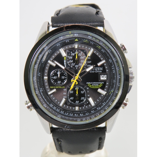 155 - Citizen Eco-Drive 'Blue Angel' Gents Sports Chronograph with date window. Black leather strap with y... 