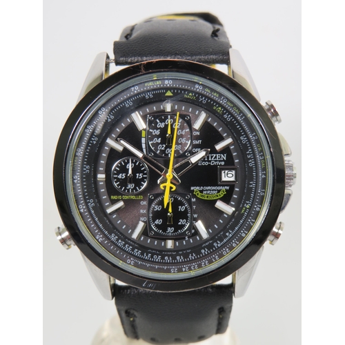 155 - Citizen Eco-Drive 'Blue Angel' Gents Sports Chronograph with date window. Black leather strap with y... 