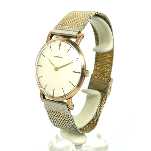 167 - Marvin' Gents watch with 9ct Yellow Gold Case. Gold tone Steel mesh multi adjustable strap. Running ... 