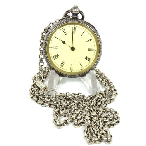 168 - 935 Continental Silver Vintage pocket watch with 22 inch Metal Chain.  Non runner for spares or repa... 