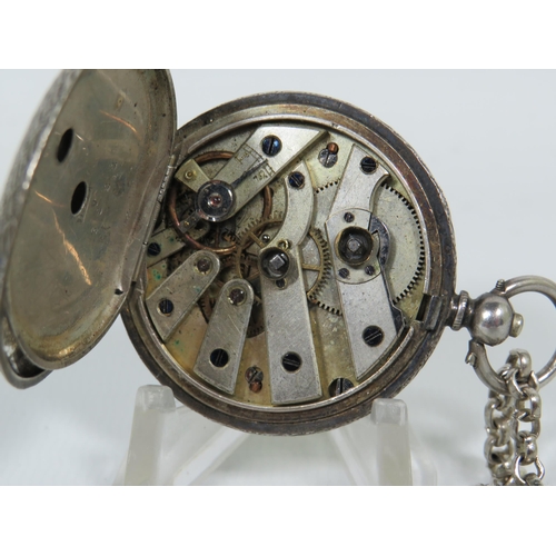 168 - 935 Continental Silver Vintage pocket watch with 22 inch Metal Chain.  Non runner for spares or repa... 