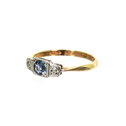 177 - Pretty 9ct Yellow Gold ring with a single Topaz flanked by twin Diamonds, set on a Platinum Mount. F... 