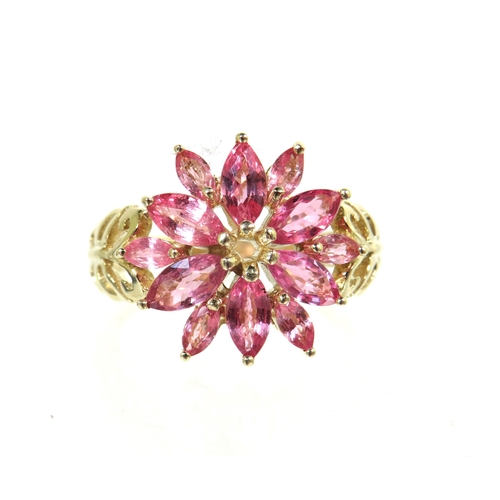 191 - 9ct Yellow Gold Ring set with Pink Sapphire/Pink Tourmaline set in a Flower pattern. Scrolled Should... 