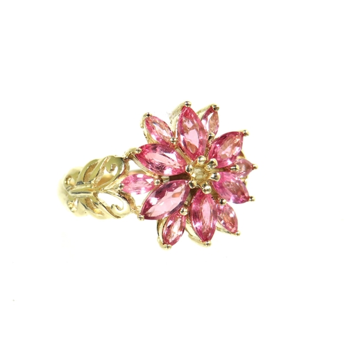 191 - 9ct Yellow Gold Ring set with Pink Sapphire/Pink Tourmaline set in a Flower pattern. Scrolled Should... 