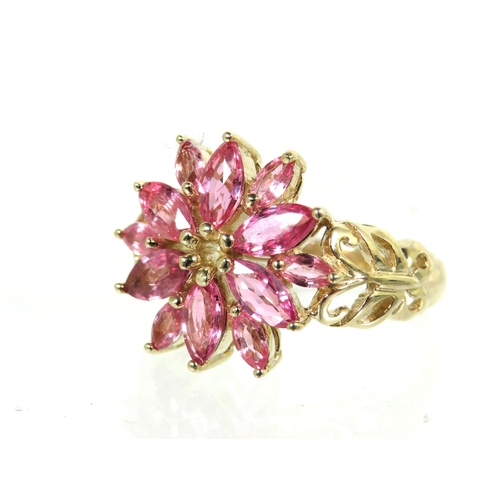 191 - 9ct Yellow Gold Ring set with Pink Sapphire/Pink Tourmaline set in a Flower pattern. Scrolled Should... 