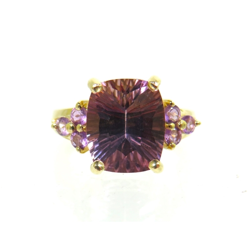 194 - 9ct Yellow Gold Ring set with a large Amethyst (13 x 10mm)with smaller Amethysts to shoulders.  'L' ... 