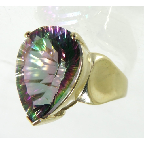 197 - 9ct Yellow Gold ring set with a large Almond Shaped Mystic Topaz which measures approx 20 x 15 mm.  ... 