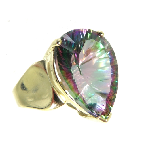 197 - 9ct Yellow Gold ring set with a large Almond Shaped Mystic Topaz which measures approx 20 x 15 mm.  ... 