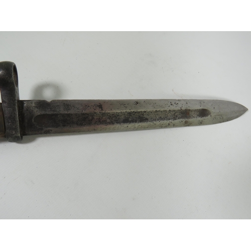 402 - M1938 Tokarev Soviet Bayonet with Leather scabbard.  Both in fair condition with small hold to end o... 