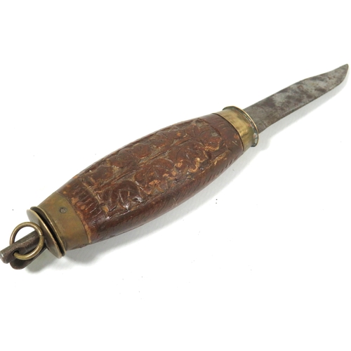 403 - Very Rare (Swedish?) Barrel Knife with Carved Barrel handle, Locking Blade. No maker's mark apparent... 