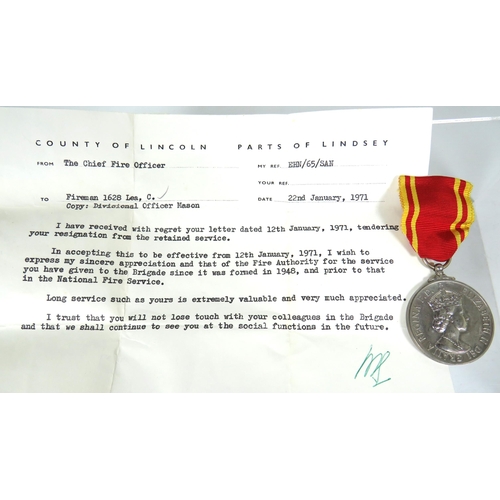 413 - Fire service medal awarded to Fireman Charles H Lea with original box and letter from Chief Fire Off... 