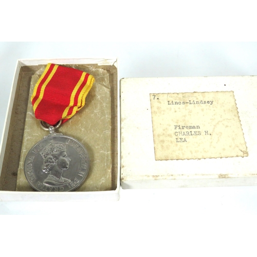 413 - Fire service medal awarded to Fireman Charles H Lea with original box and letter from Chief Fire Off... 