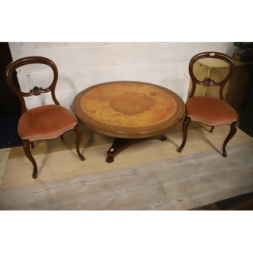 1213 - Circular low table with tooled leather top plus a pair of Vintage balloon back chairs. See photos.