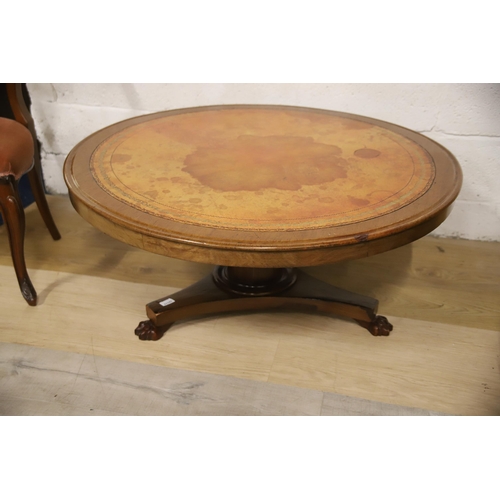 1213 - Circular low table with tooled leather top plus a pair of Vintage balloon back chairs. See photos.