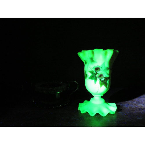 30 - Two pieces of Victorian uranium glass, One been a cranberry glass salt with plated basket and one a ... 