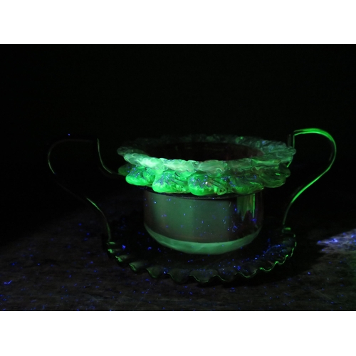 30 - Two pieces of Victorian uranium glass, One been a cranberry glass salt with plated basket and one a ... 