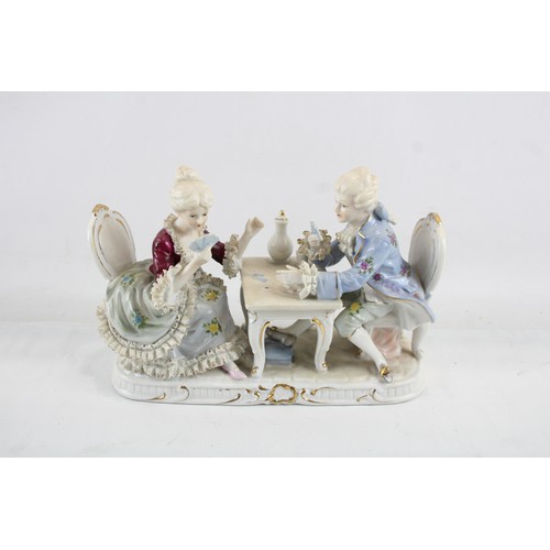 258 - German Porcelain Figural Group Man & Woman Playing Cards W/ Lace Work Circa 1960      551276