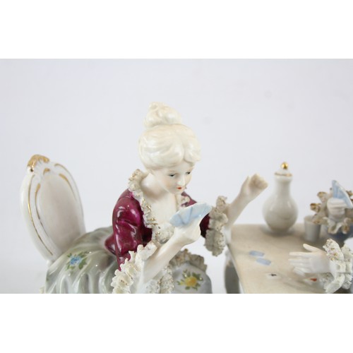 258 - German Porcelain Figural Group Man & Woman Playing Cards W/ Lace Work Circa 1960      551276