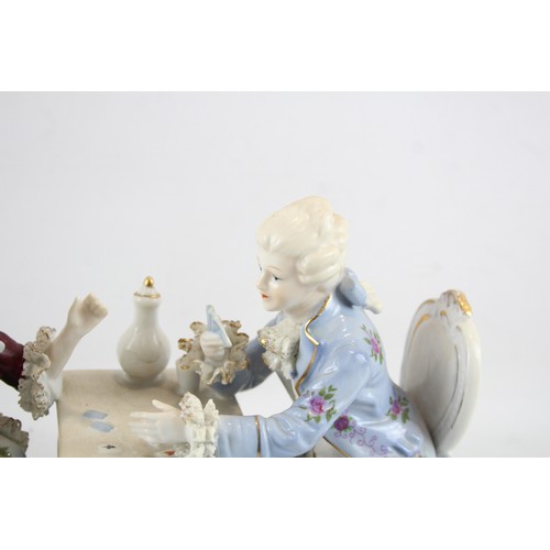 258 - German Porcelain Figural Group Man & Woman Playing Cards W/ Lace Work Circa 1960      551276