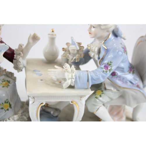 258 - German Porcelain Figural Group Man & Woman Playing Cards W/ Lace Work Circa 1960      551276