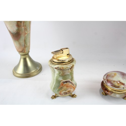 264 - Onyx/Marble Ornaments Inc Large 2 Handled Vases, Table Lighter, Ashtrays Joblot      551290