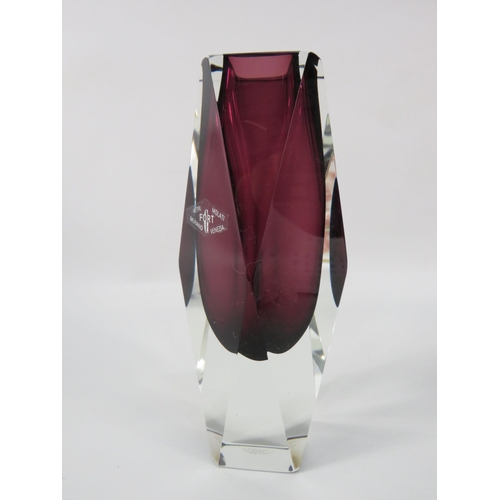 42 - Murano Multi Faceted burgundy glass vase, signed to the base. 6.5