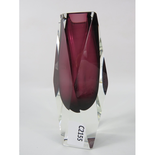 42 - Murano Multi Faceted burgundy glass vase, signed to the base. 6.5