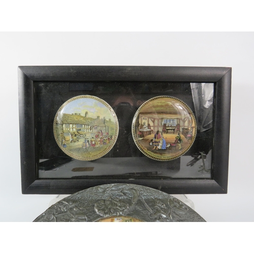 63 - A pair of framed Shakespere themed Pratt ware lids plus one other in a Art Nouveau pewter frame.