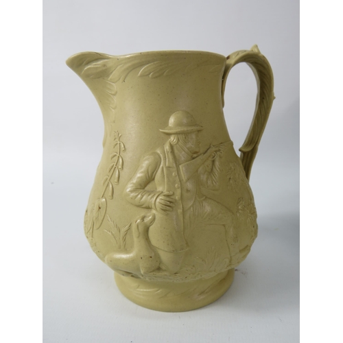 70 - Antique Royal Doulton Lambeth Bacchus pitcher jug plus a relief moulded jug and a stoneware vase. Th... 