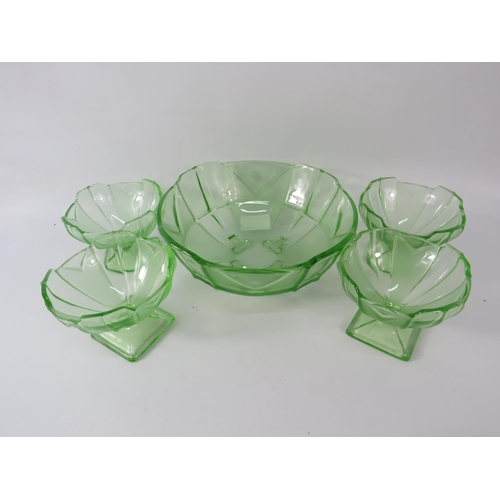 71 - Vintage Uranium glass trifle bowl and four matching dishes.