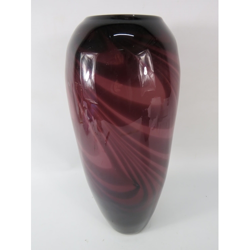 75 - Large burgundy swirl cased art glass vase, 14