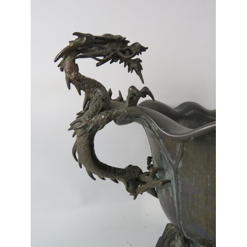 77 - Large Antique Japanese Bronze Tulip bowl with climbing dragon as handles, 11