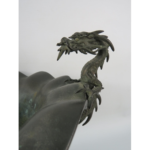 77 - Large Antique Japanese Bronze Tulip bowl with climbing dragon as handles, 11