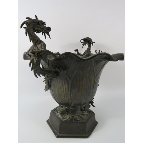 77 - Large Antique Japanese Bronze Tulip bowl with climbing dragon as handles, 11