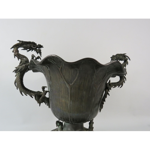 77 - Large Antique Japanese Bronze Tulip bowl with climbing dragon as handles, 11