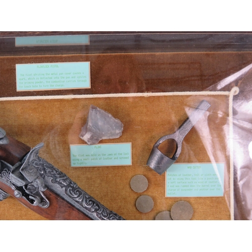 83 - Framed in a glass case reproduction Flintlock pistol, powder flask, bullet mould, wad cutter & flint... 