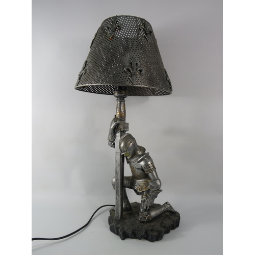 84 - Medieval kneeling knight resin table lamp, 22.5