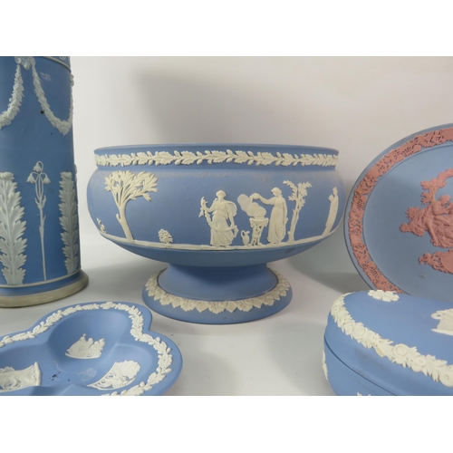 105 - Wedgwood blue jasperware including a large pedastal bowl, limited edition my Valentine plate and vin... 