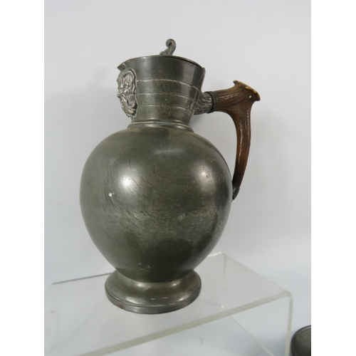 118 - Four pieces of Antique Pewter including a Bacchus jug, Swatow matchbox holder, Ink well & Half Gill.