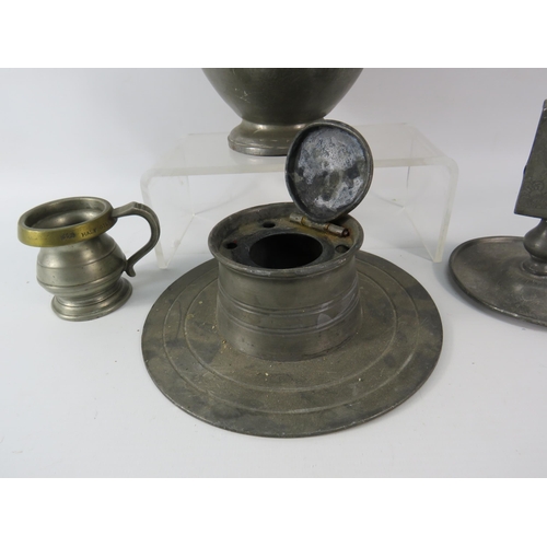 118 - Four pieces of Antique Pewter including a Bacchus jug, Swatow matchbox holder, Ink well & Half Gill.