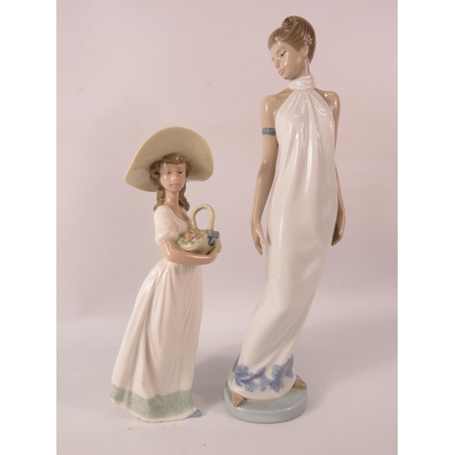 137 - Two Nao figurines one of a elegant lady and one of a girl with a basket, the tallest measures 12