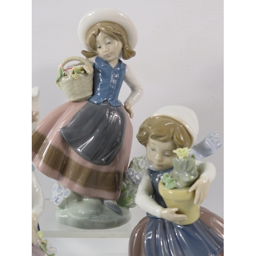 149 - Three Lladro figurines of girls with baskets/pots of flowers (1 has damage to flowers)