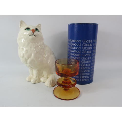 161 - Large Beswick Persian cat plus a Wedgwood peach glass candlestick with box.