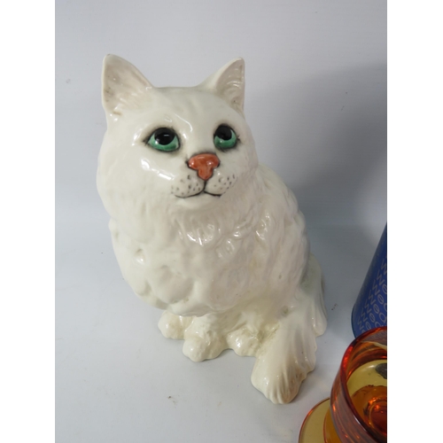 161 - Large Beswick Persian cat plus a Wedgwood peach glass candlestick with box.