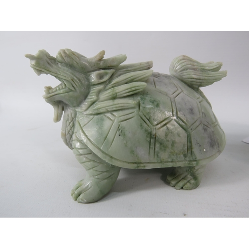 165 - Chinese carved stone turtle dragon plus a carved oriental pot.