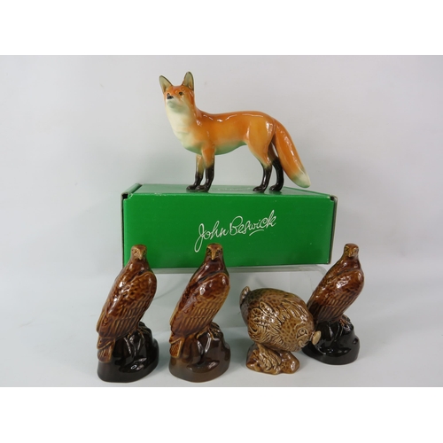 171 - John Beswick fox figurine with box plus four Beswick Beneagles decanters.