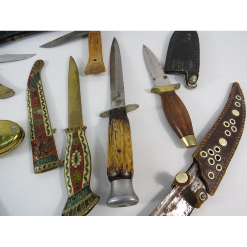 197 - Selection of various knives including Kukri, antler handle, tourist pieces, penknives etc.