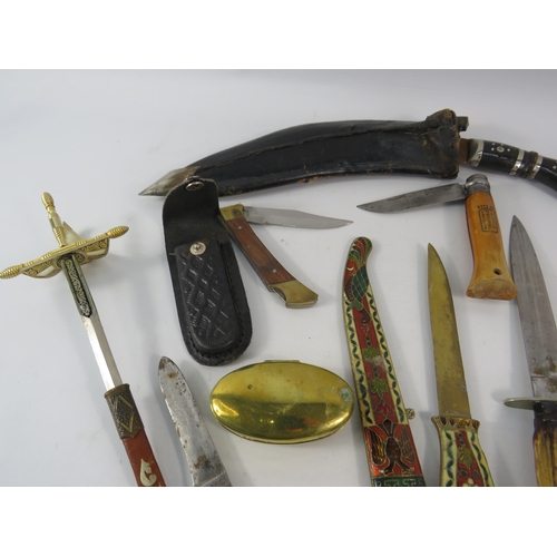 197 - Selection of various knives including Kukri, antler handle, tourist pieces, penknives etc.