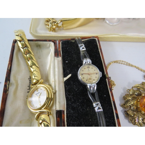 322 - Mixed lot of costume jewellery including a vintage Tudor ladies wristwatch and a 9ct gold plated ban... 